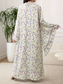 Al Najma 女式花卉印花翻领纽扣设计蝙蝠袖阿拉伯连衣裙 - 紫色 - 查看 2