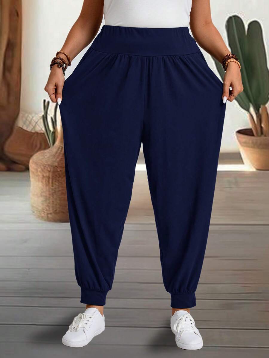 EMERY ROSE Plus Size Casual Solid Color Drawstring Pants Fall - Navy Blue - View 1