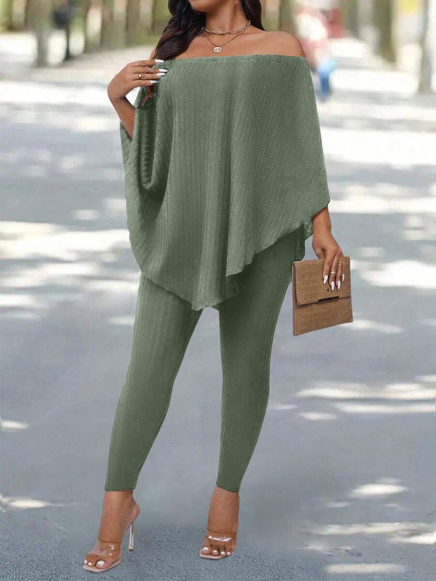 SHEIN LUNE 2pcs/Set Plus Size Women Off Shoulder Batwing Sleeve Top And Pants Set - Army Green - View 1