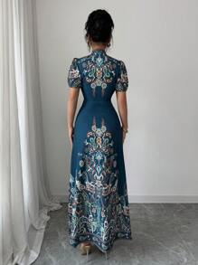 Elenzga 女式 2025 新款优雅性感深 V 领紧身长裙（印花） - 彩色 - 查看 2