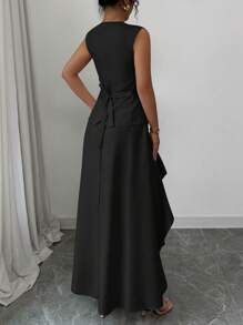 Elenzga Grey Sleeveless A-Line Elegant Minimalist 2 Pieces Set For Women - Black - View 2