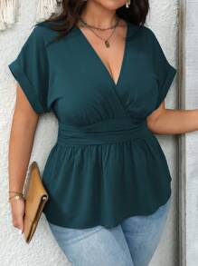 Calvaya 大码女式纯色重叠 V 领蝙蝠短袖褶皱衬衫 - 水鴨藍 - 查看 4