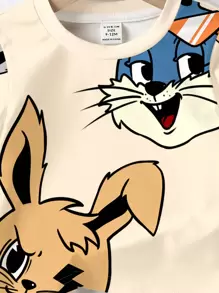 SHEIN Super Cats Baby Boy Casual Cartoon Cat & Rabbit Pattern Loose Fit Round Neck Short Sleeve T-Shirt, Suitable For Summer