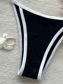 SHEIN 2025 New Black & White Colorblock Gold Pearl Embellished Side High-Cut Bikini 2Pcs Swimwear Beach Holiday Outfits For Women - Black and White - View 3