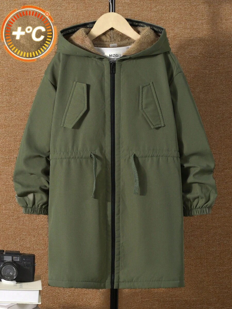 Tween Boys Plush Mid-Length Jacket, Suitable For Commuting, School, Casual, College, Sports, Autumn/Winter Season, Can Be Paired With Halloween Kids Costume, Christmas Sweatshirt, Christmas Gifts, Halloween Shirt, Halloween Gifts, Boys Coat, Red Cardigan, Brown Cardigan, Overalls, Shorts - Army Green - View 1