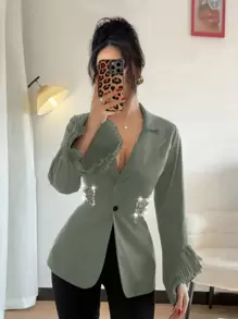 Gloray 女士优雅设计腰部装饰镂空袖口修身西装外套 - 灰色 - 查看 1