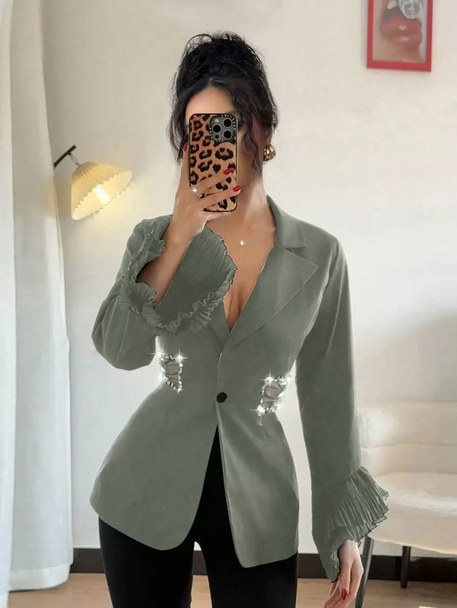 Gloray 女士优雅设计腰部装饰镂空袖口修身西装外套 - 灰色 - 查看 1