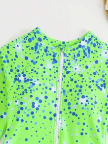 SHEIN 1pc Girls Big Tween Girl One-Piece Swimsuit With Shorts, Color Blocking Design, Pink And Blue Polka Dot Shiny Print, Sweet And Fashionable Minimalist Design, Summer Swimwear