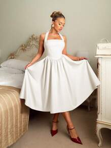 Glamine 情人节复古优雅风格露背曲线褶皱纯色复古长裙女装白色连衣裙女式白色连衣裙女装连衣裙度假复古女装 - 杏色 - 查看 1