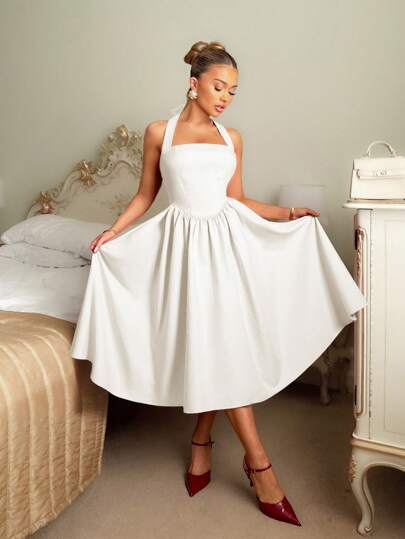  Glamine 情人节复古优雅风格露背曲线褶皱纯色复古长裙女装白色连衣裙女式白色连衣裙女装连衣裙度假复古女装