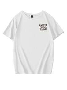Attitoon Casual Round Neck Retro English Graphic White Short Sleeve Fitted T-Shirt For Women, Summer-Suitable