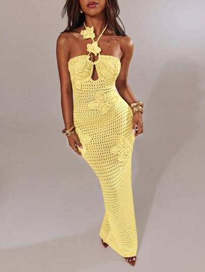 SHEIN BAE Women's Solid Color Hollow-Out Floral Decor Halter Knitted Vacation Dress Yellow