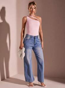 SHEIN BAE Women's Solid Color Simple Daily Asymmetrical Neck Bodysuit Women Bodysuits - Coral Pink - View 2