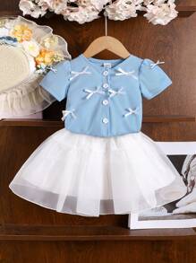 2pcs/Set Baby Girls 2024 Summer New Knitwear Bow Short Sleeve Top + Baby Girls Summer New Fashionable Solid Color Splicing Mesh Tulle Ruffle Skirt - Baby Blue - View 1