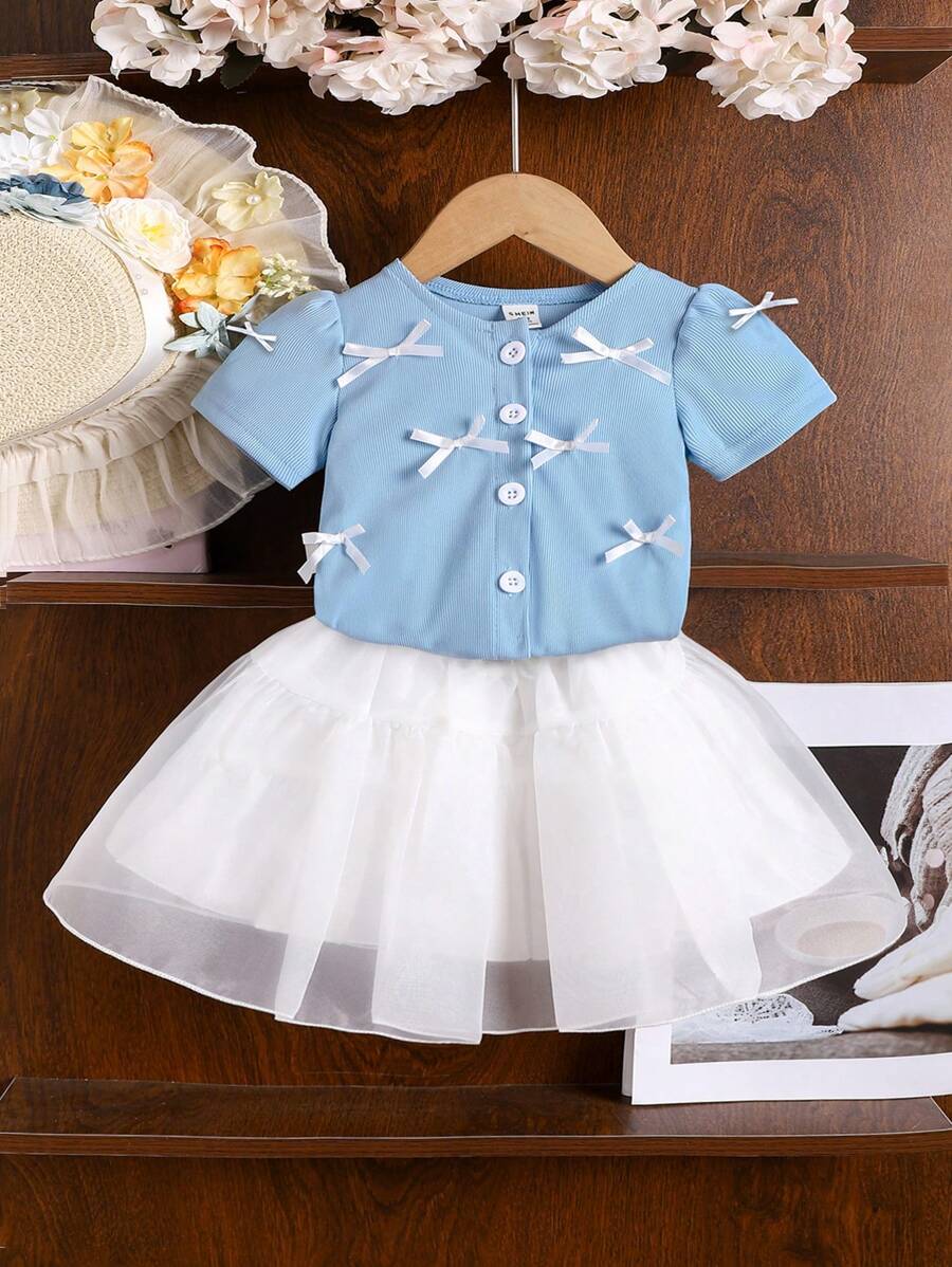 2pcs/Set Baby Girls 2024 Summer New Knitwear Bow Short Sleeve Top + Baby Girls Summer New Fashionable Solid Color Splicing Mesh Tulle Ruffle Skirt - Baby Blue - View 1