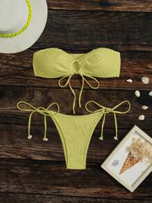 SHEIN Swim Solid Color Textured Bikini Swimsuit Set, Suitable For Beach Vacation For Summer - Lime Green - View 1
