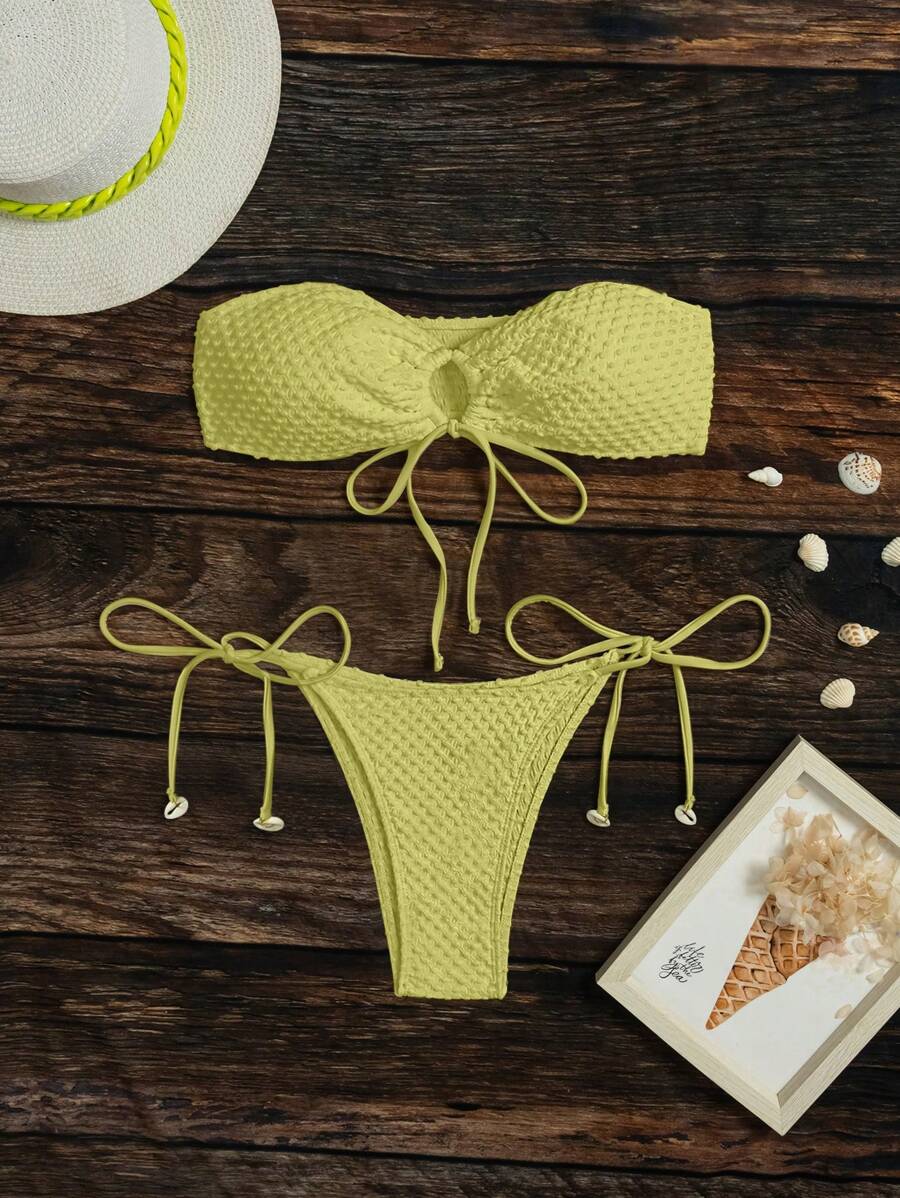 SHEIN Swim Solid Color Textured Bikini Swimsuit Set, Suitable For Beach Vacation For Summer - Lime Green - View 1