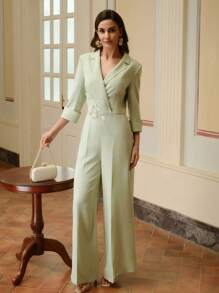 ZEYLAH Enfärgad kavajslag för kvinnor 3/4 ärm vid ben Elegant jumpsuit med applikation - Mint Grön - Visa 6
