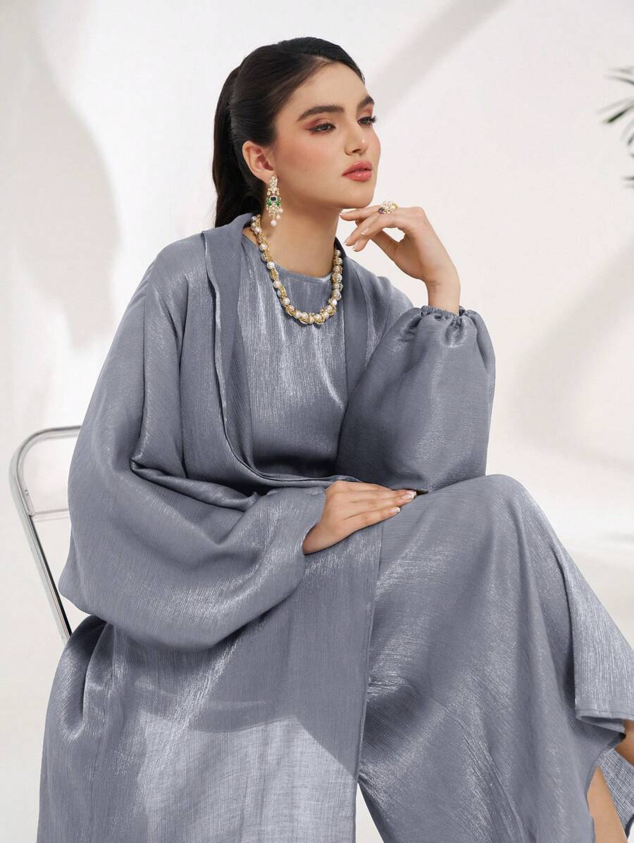 Al Najma Women's Contrast Color Metallic Lantern Sleeve Arab Abaya, Modest Robe,Only Abaya,Not Sets