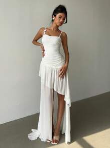 Aloruh White Summer Elegant Dining Dress For Women,Spaghetti Strap Ruched Floral Patch Asymmetrical Ruffle Hem Extra Long Prom Wedding Guest Vacation Outfit - White - View 4