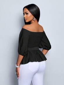 SOLERSUN 露肩优雅性感休闲办公室商务波西米亚花卉印花衬衫秋季上衣秋冬感恩节返校教师 - 黑色 - 查看 2