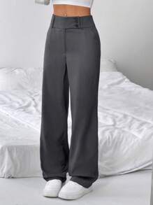 SHEIN PETITE Pantaloni dritti a vita alta con design a bottoni, modello ampio