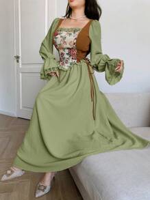 Feyla 女士优雅拼色提花长裙 - 綠色 - 查看 7