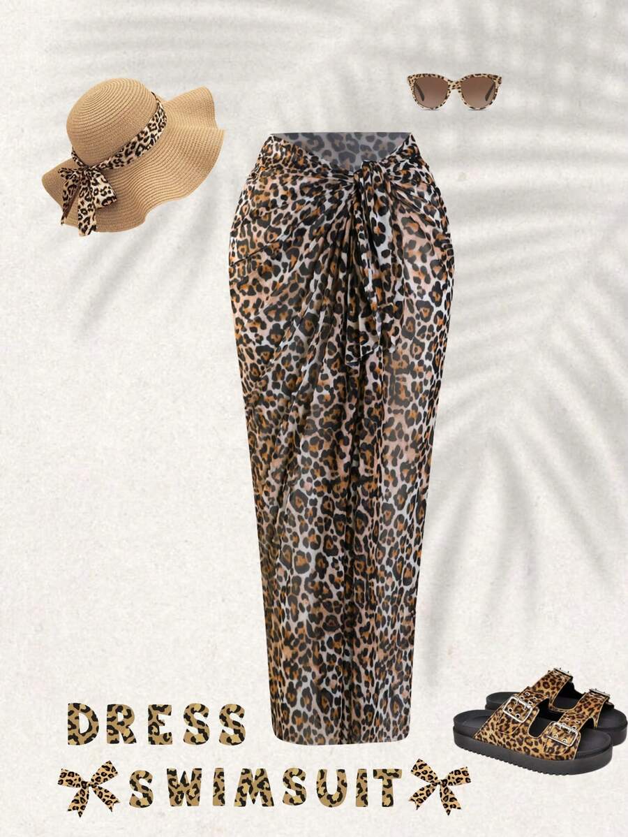 Swim Oasis Plus Size Women Oasis Brand Leopard Chiffon Coverup & Skirt Set, High-End Beach Vacation Style For Summer - Multicolor - View 1