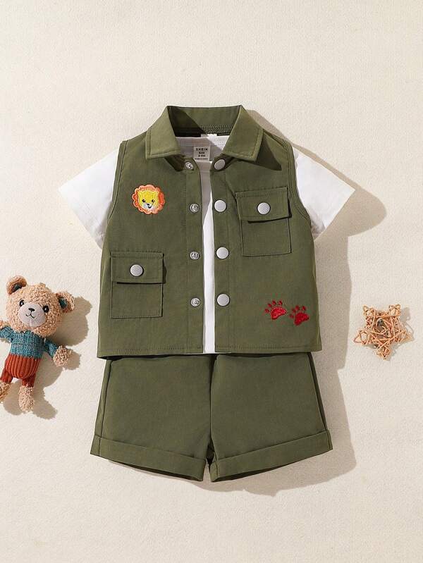 SHEIN Playful Pals Set de 2 piezas Adorable conjunto de caza para niños pequeños, con chaleco con estampado de león y shorts a juego en color caqui, adecuado para juegos al aire libre en primavera/verano, viajes, fiestas de cumpleaños, sesiones de fotos, un conjunto versátil y encantador