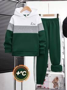 SHEIN Set de 2 piezas Sudadera con capucha y pantalón de chándal de parche para niños preadolescentes, conjunto de felpa gruesa, adecuado para viajes, escuela, casual, deportes y actividades de otoño/invierno - Verde Oscuro - Ver 6