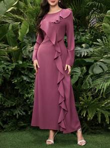 Modelyn Solid Color Round Neck Casual Asymmetric Ruffle Long Sleeve Dress - Redwood - View 4