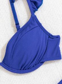 SHEIN Swim 女士纯色荷叶边性感比基尼两件套泳衣套装，夏季沙滩泳衣 - 藍色 - 查看 6