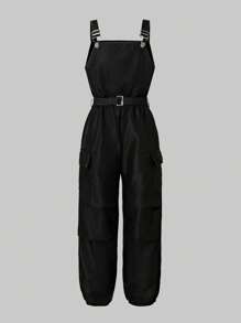 SHEIN Explorewe Tween Girl Black Adjustable Strap Jumpsuit - Black - View 7