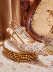 CUCCOO TILAWA Women's Pointed Toe Rhinestone Slingback High Heels, Champagne Color Closed Toe Party Wedding Shoes - Champagne - View 4