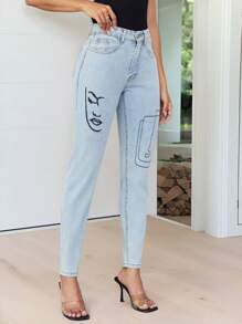 SHEIN LUNE Celana Jeans Slim Fit Wanita Motif Wajah Abstrak dengan Saku, Cocok untuk Liburan & Jalan-jalan - Biru - View 6
