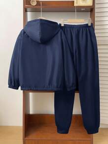 SHEIN Leap Crew Tween Boy 休闲宽松连帽衫和裤子套装，适合通勤、上学、日常、运动和所有季节 - 藏蓝色 - 查看 2