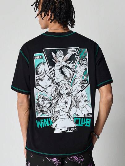 Winx Club X ROMWE Men's Anime Figure Graphic Crew Neck Short Sleeve T-Shirt, Summer