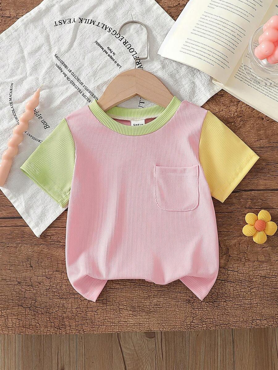 SHEIN Baby Girl Casual Ribbed Contrast Color Round Neck Pocket Short Sleeve T-Shirt - Multicolor - View 1
