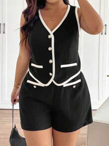 SHEIN Frenchy Bộ 2 món vải tuýt thanh lịch tối giản cỡ lớn dành cho nữ - Đen và trắng - Xem 5