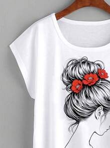 SHEIN LUNE 图案帽袖 T 恤 图案 T 恤 女式上衣