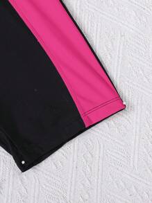 SHEIN Traje de baño de una pieza con cuello halter de punto con color contrastante para niña adolescente - Rosa Fucsia - Ver 4