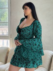 Flirla Plus Size Elegant Floral Flocked & Mesh Bell Sleeve Tie Waist Dress