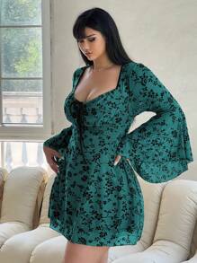 Flirla Plus Size Elegant Floral Flocked & Mesh Bell Sleeve Tie Waist Dress