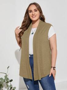 EMERY ROSE Plus Size Women Open Front Sleeveless Casual Jacket - Army Green - View 3