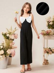 SHEIN Girls' Elegant Sleeveless V-Neck Textured Fabric Color Block Jumpsuit With Large Bow Decor, Fashionable - Black - View 1