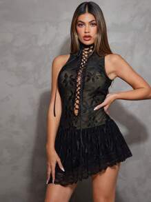 SHEIN Haute Rochie mini cu dantelă în V cu gât cu gheață - Negru - Vizualizare 2