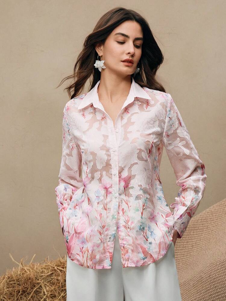 New Fashion Floral Print Shirts With Turndown Collar And Single-Breasted Design, Suitable For Spring, Elegant, Vacation
