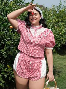 SHEIN MOD Red&White Plaid Patchwork Hollow Out Embroidery Elastic Waist Decorative Button Plus Size Shorts,1950s Vintage Summer Picnic Holiday Beach For Women - Red and White - View 6