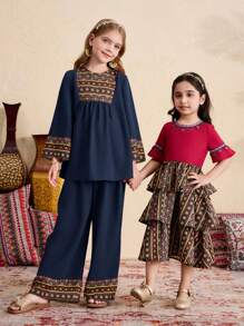 Koszulka z nadrukiem w stylu Tween Girl Woven Solid Patchwork z nadrukiem w kształcie dzwonka z nadrukiem w pozycjonującym stylu Luźne szerokie spodnie z szerokimi nogawkami Zestaw 2 częściowy, styl wiejski, swobodne wakacje, podróże, boho, retro wakacje