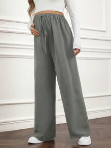 SHEIN Maternity Adjustable Waist Wide Leg Palazzo Pants, Solid Color, Casual & Versatile - Grey - View 5